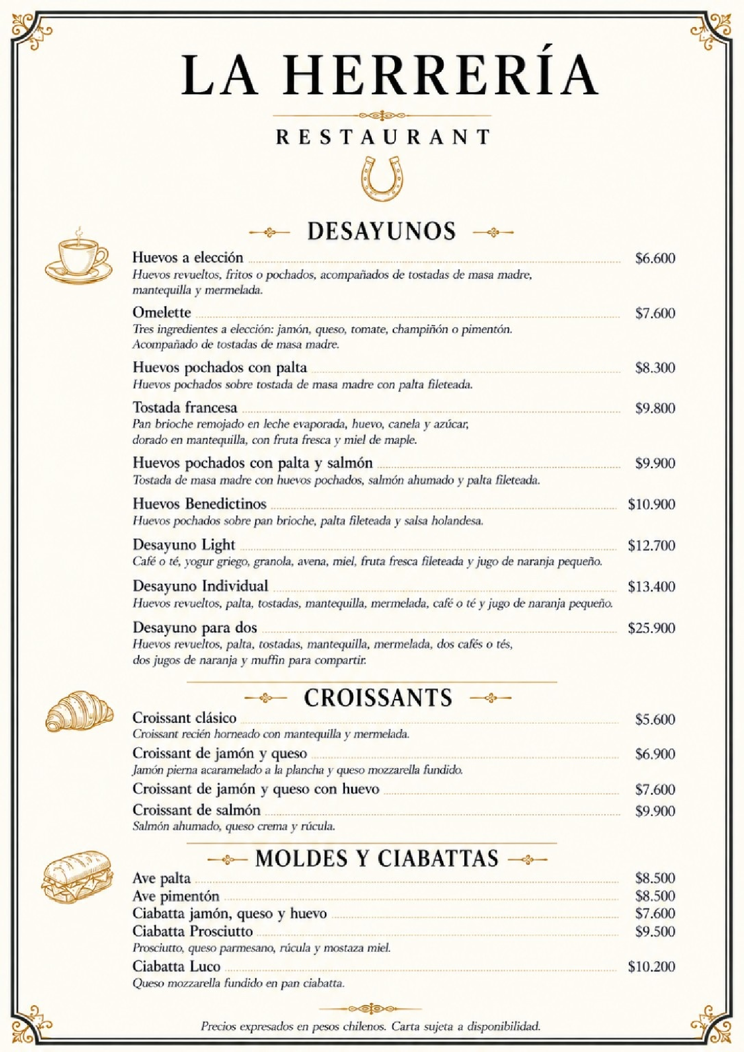 Carta La Herrería - Página 1: Desayunos, Croissants, Moldes y Ciabattas
