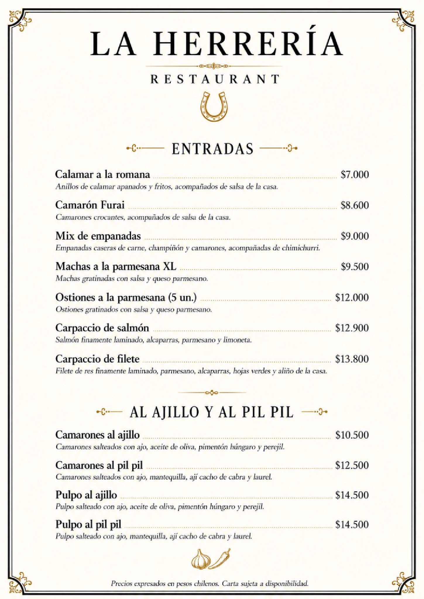 Carta La Herrería - Página 3: Entradas, Calamares, Ostiones, Machas y Al Pil Pil